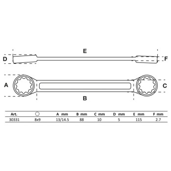 Clé polygonales double embouts - extra plate - 8 x 9 mm