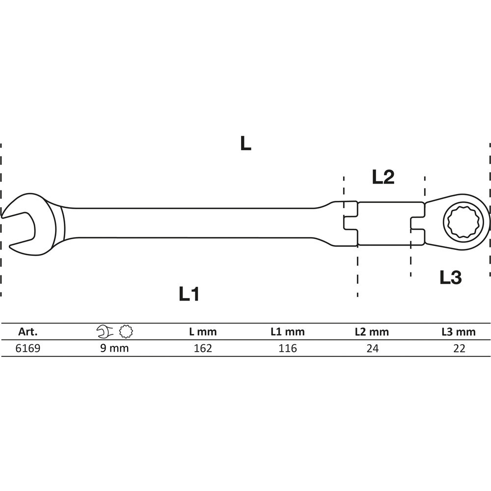 Clés mixtes à cliquet à double articulation - pliable - 9 mm
