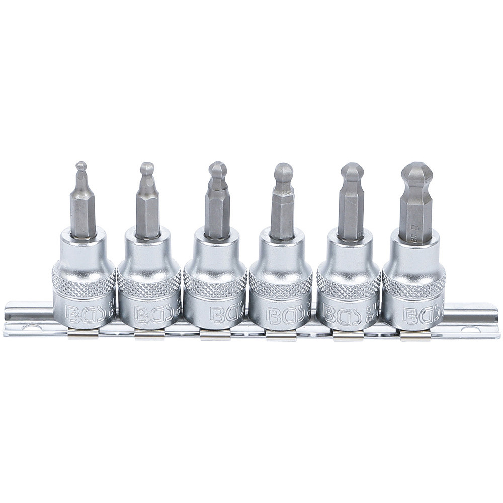 Jeu de douilles à embouts - 10 mm (3/8") - six pans intérieurs avec tête sphérique 3 - 8 mm - 6 pièces Jeu de douilles à embouts - 10 mm (3/8") - six pans intérieurs avec tête sphérique 3 - 8 mm - 6 pièces