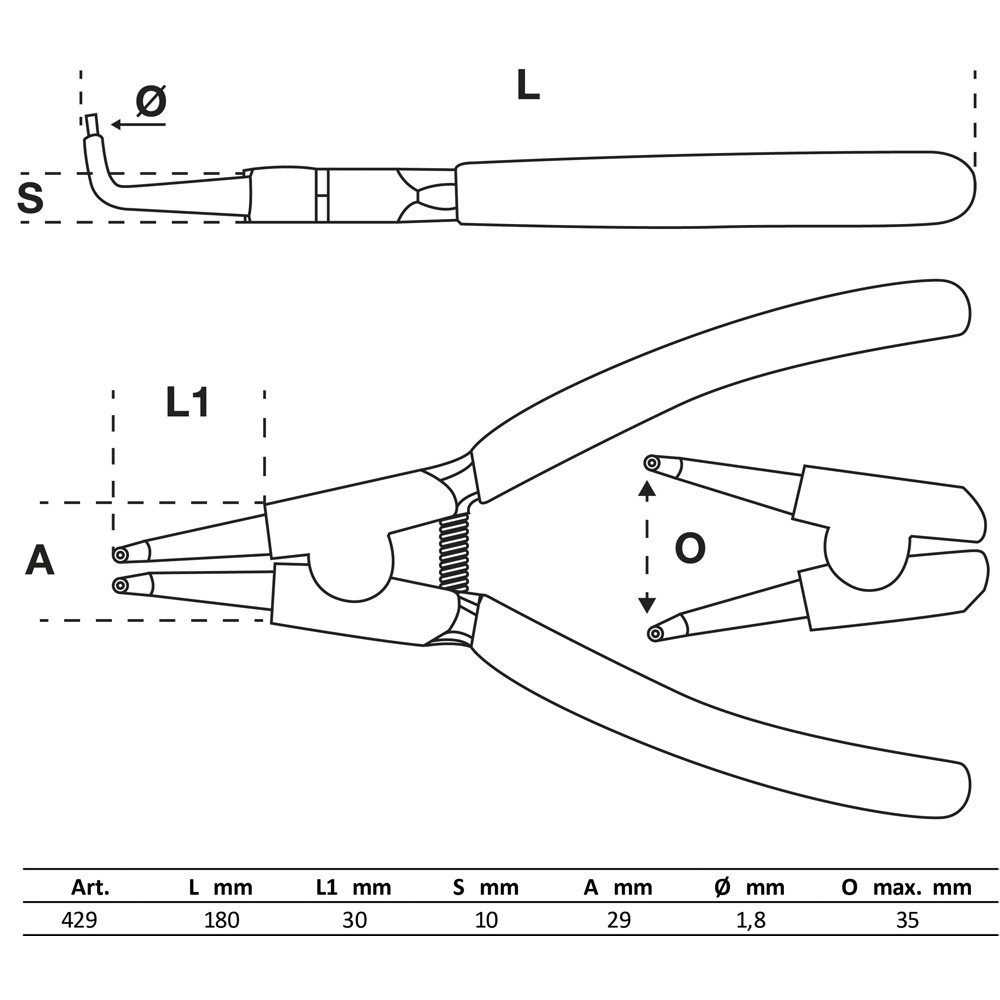 Pince à circlips - courbée - pour circlips intérieurs - 180 mm