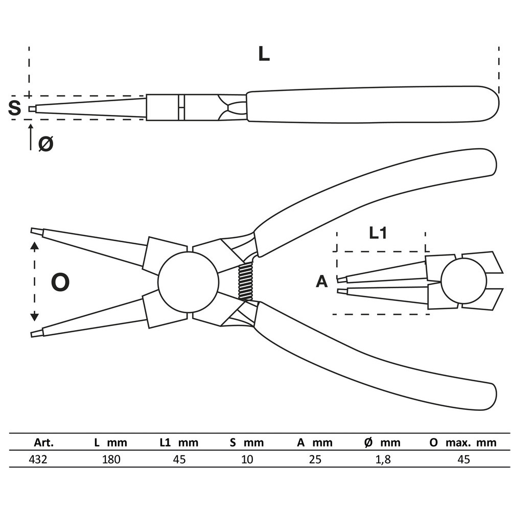 Pince à circlips - droite - pour circlips intérieurs - 180 mm