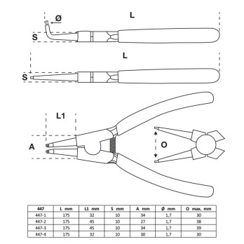 Jeu de pinces à circlips 175 mm - 4 pièces