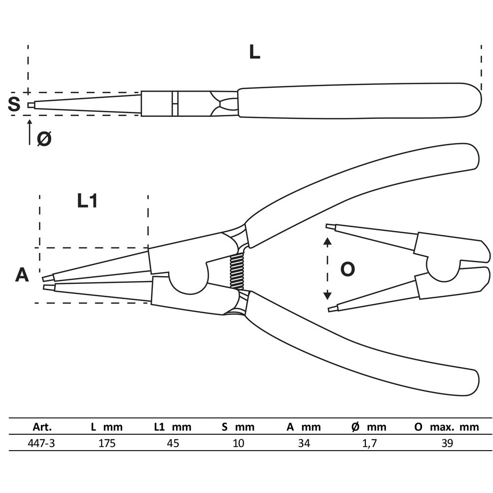 Pince circlips intérieur 175 mm gaine pas cher