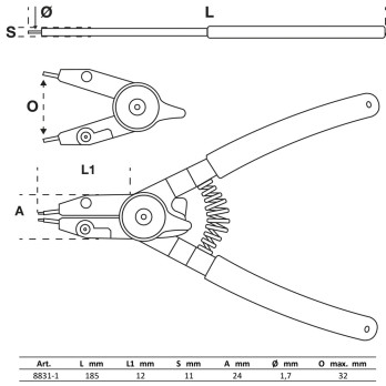 Pince à circlips - pour circlips internes/externes - points échangeables - 180 mm