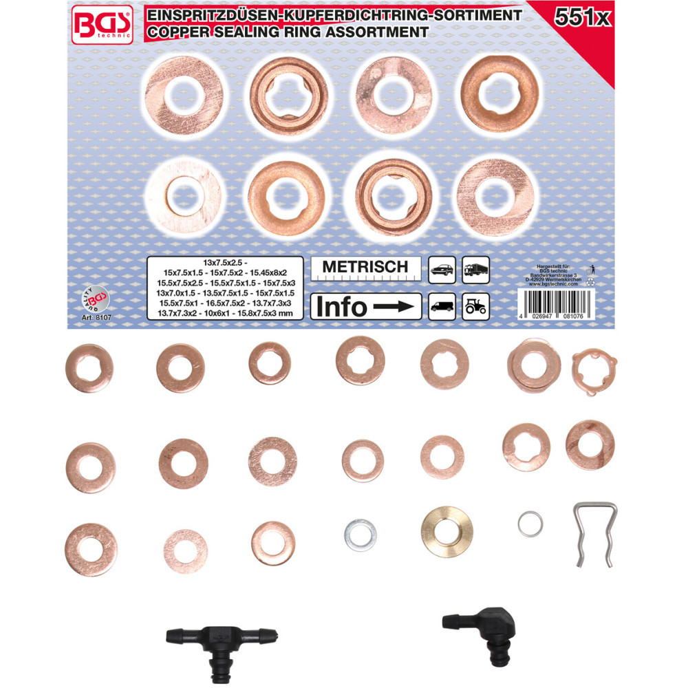 Assortiment de joints en cuivre pour injecteur - 551 pièces