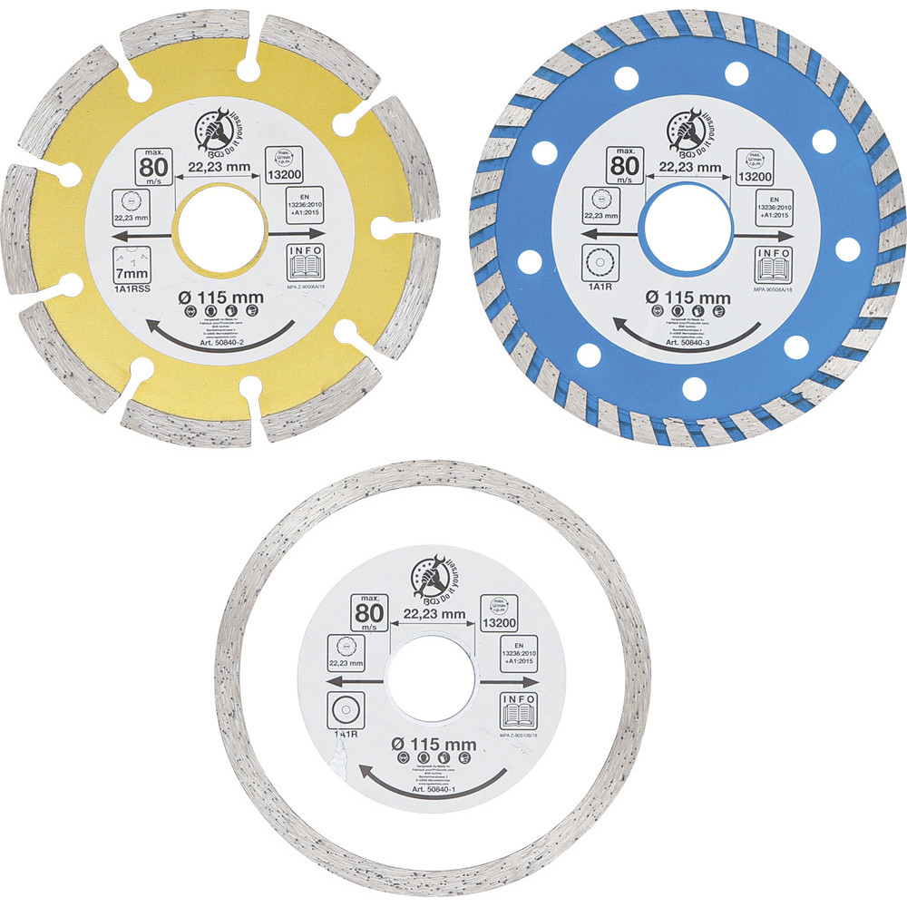 Jeu de disques de coupe au diamant - Ø d’perçage frontal 20 mm - Ø 115 mm - 3 pièces