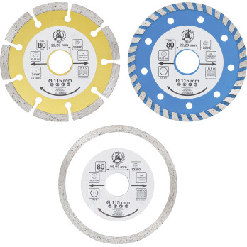 Jeu de disques de coupe au diamant - Ø d’perçage frontal 20 mm - Ø 115 mm - 3 pièces