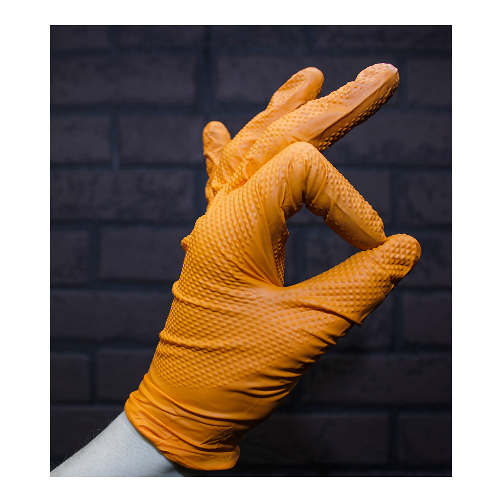 Boîte de 50 gants nitrile non poudrés GoGrip avec picot 8,5gr. Coloris  orange. Taille M ≡ CALIPAGE